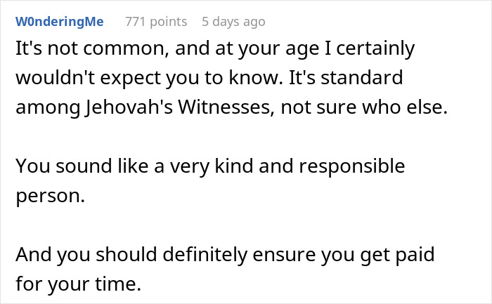 Screenshot of an online comment highlighting kindness and responsibility with advice on payment in a babysitter birthday gift mother furious context.