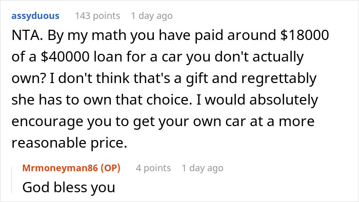 Screenshot of a Reddit thread discussing a teen’s first car loan that turned into a debt trap set by mom. Screenshot of a Reddit thread discussing a teen’s first car loan that turned into a debt trap set by mom.