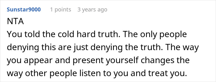 Text comment from Sunstar9000 explaining how appearance affects whether her husband would take her seriously, with SEO keywords.