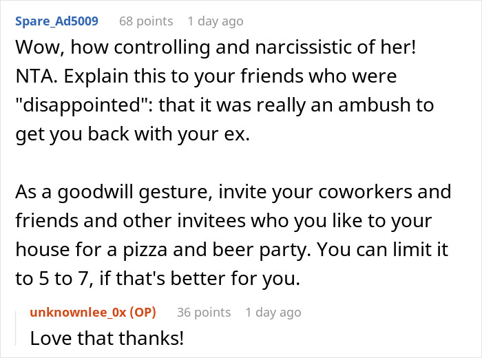Reddit comments discussing a woman blasted for skipping her birthday party her sister organized due to her ex being invited.