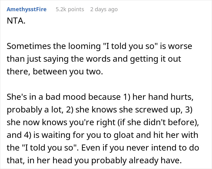 Comment explaining why wife is upset after ignoring husband's warning about dangerous gift from her mom.