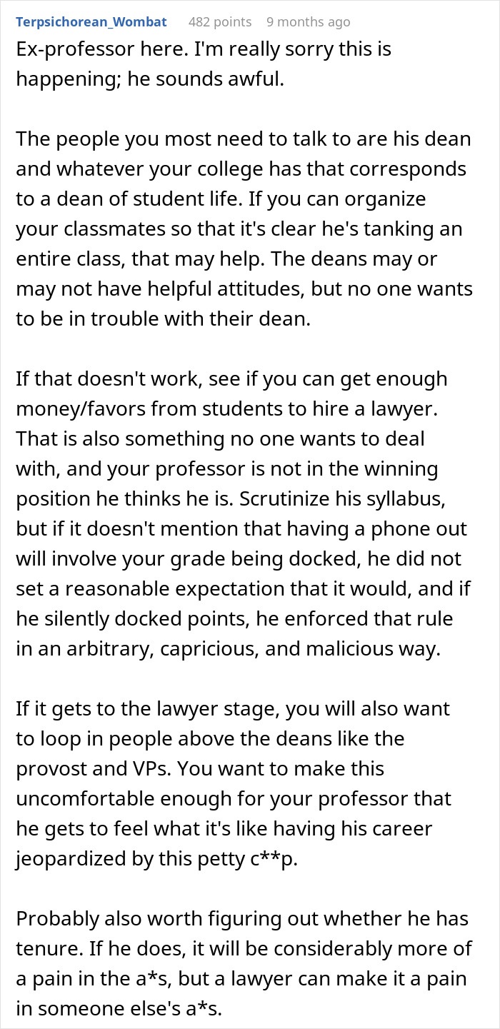 Text comment from ex-professor advising students on handling professor enforcing phone rule affecting grades.