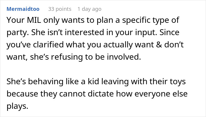 Screenshot of a comment explaining how a MIL throws a tantrum after her inappropriate baby shower idea is rejected.