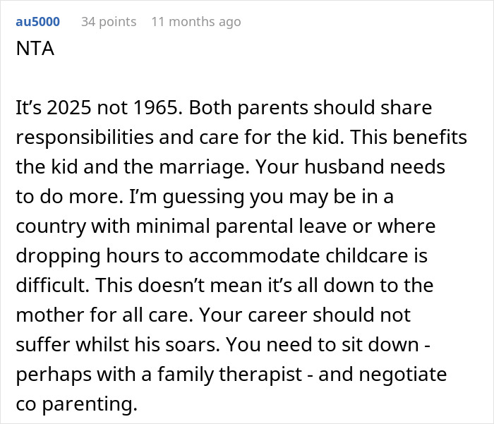 Reddit comment screenshot: user says NTA and urges shared parenting, mentioning resent my husband and regrets parenthood