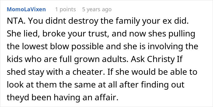 Screenshot of online comment discussing trust issues and family impact during a messy divorce, reflecting a dad&rsquo;s guilt and distancing from daughter.