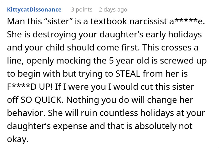 Screenshot of a forum comment discussing a woman stealing her 5-year-old niece&rsquo;s skirt and lying when caught red-handed.
