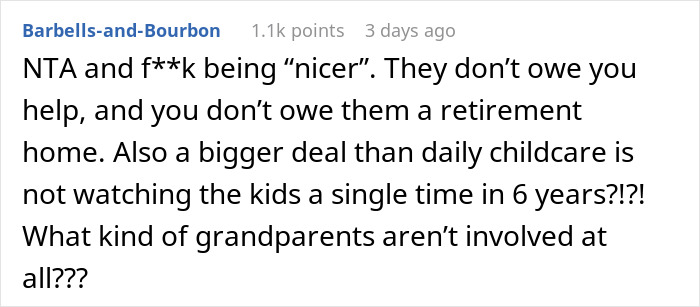 Text post from Barbells-and-Bourbon arguing in-laws refused to help with childcare and questioning grandparents&rsquo; involvement.