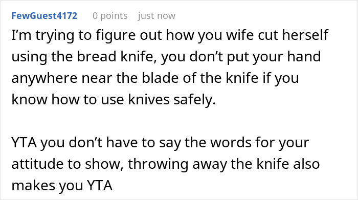 Comment discussing a husband warning his wife about using a dangerous gift from her mom, focusing on knife safety.