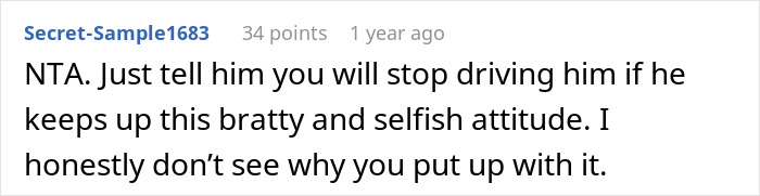 Screenshot of an online comment about a sister refusing to drive her ungrateful brother who trashed her girly car.