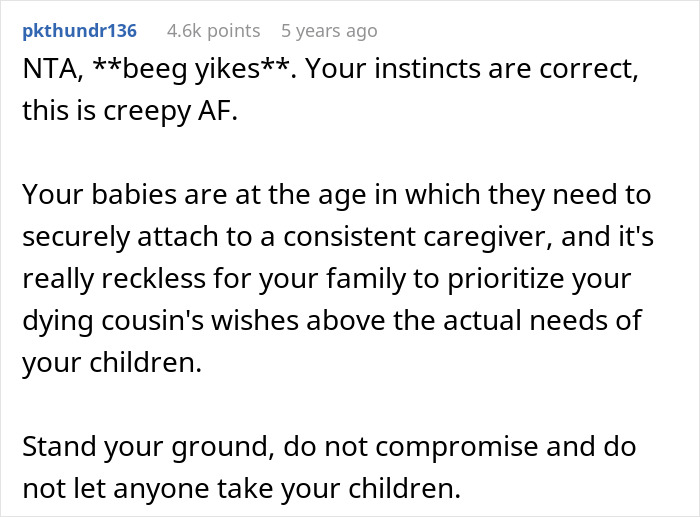 Text comment discussing instincts and concerns about a cousin with cancer wanting to borrow baby, labeled creepy and reckless.