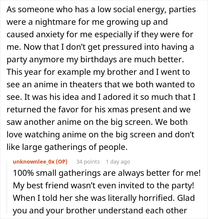 Woman blasted for skipping sister&rsquo;s birthday party due to ex being invited shares her preference for small gatherings.