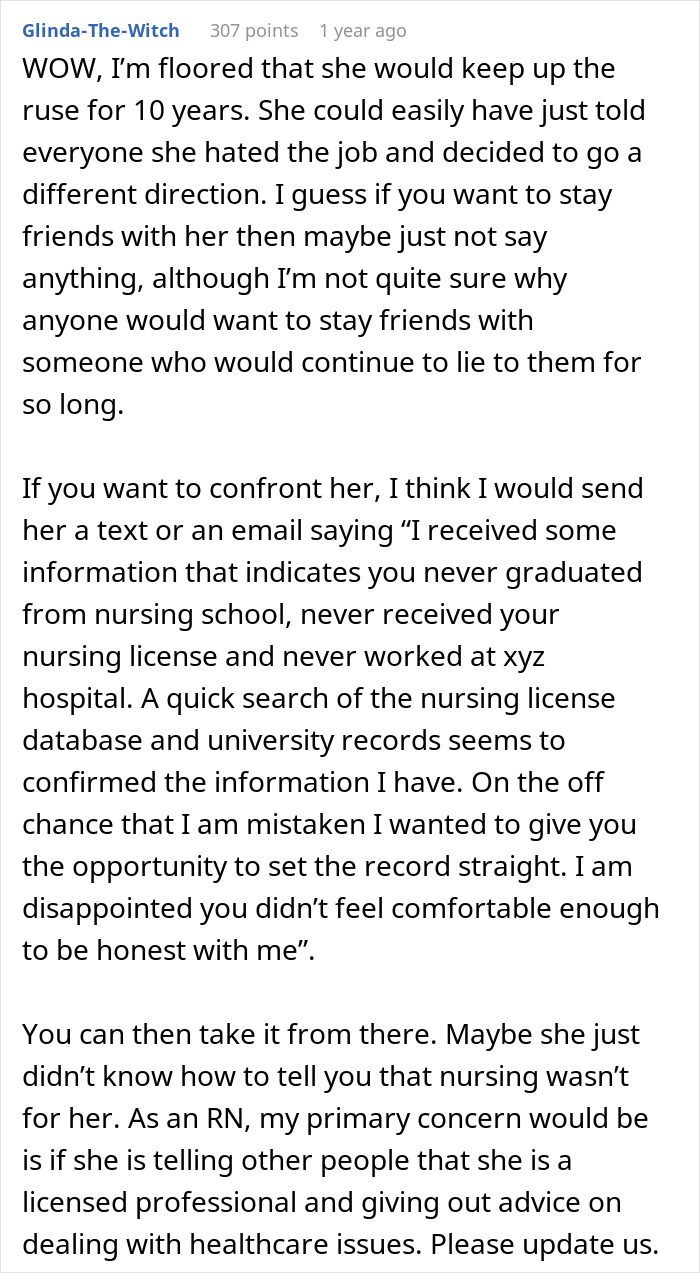 Comment discussing a woman who lies about her career for 10 years and the consequences of deception.