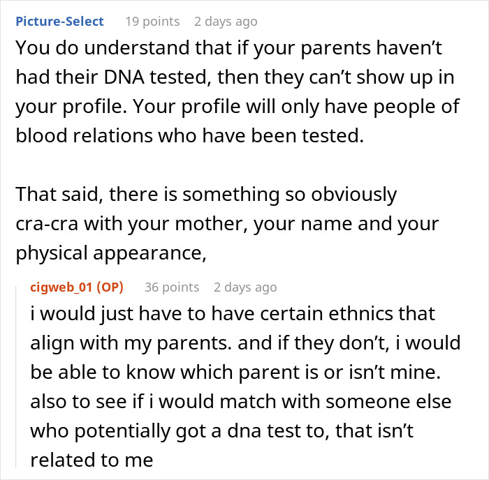 Text conversation about concerns and dilemmas surrounding DNA tests between a mother and daughter on social media. Text conversation about concerns and dilemmas surrounding DNA tests between a mother and daughter on social media.