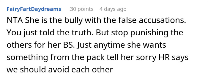 Screenshot of a Reddit comment discussing workplace conflict involving HR and false accusations among coworkers.