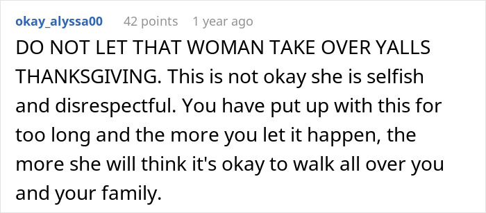 Screenshot of a social media comment criticizing a woman for refusing to attend MIL&rsquo;s Thanksgiving after being reinvited.