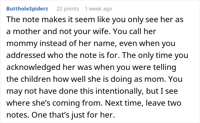 Comment explaining why husband's note to wife upset her, suggesting he only sees her as a mother and not a wife.