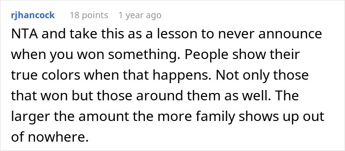 Text comment from user explaining lesson about true colors shown when winning, relating to teen stepsister support and stepmom conflict.