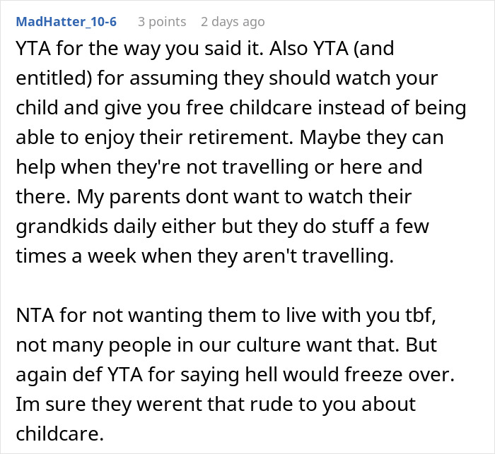 Comment discussing in-laws refusing to help with childcare and reacting to their request to move in together.