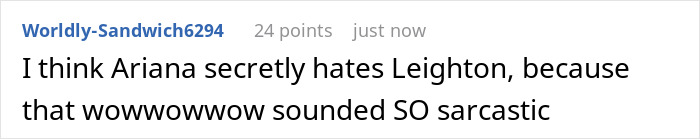 Comment mentioning Ariana secretly hating Leighton after a sarcastic remark during a red carpet event. Comment mentioning Ariana secretly hating Leighton after a sarcastic remark during a red carpet event.
