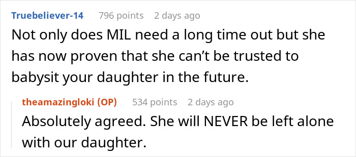 Online discussion where users debate MIL refusing baby name and issues about trust and babysitting the daughter.
