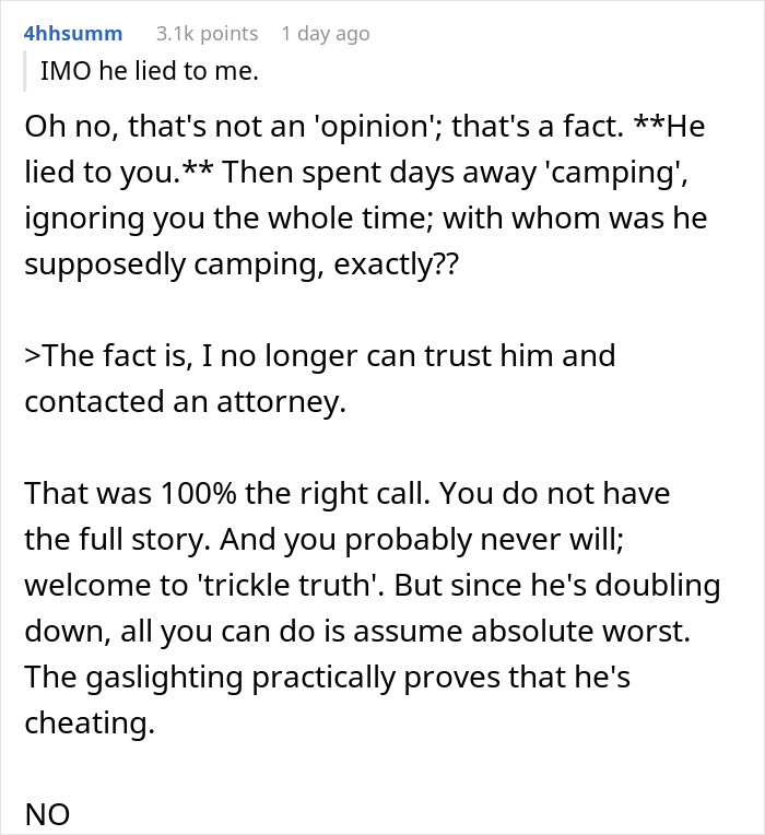 Text post discussing distrust and deception after husband claims to go camping with bro, but bro was actually home.