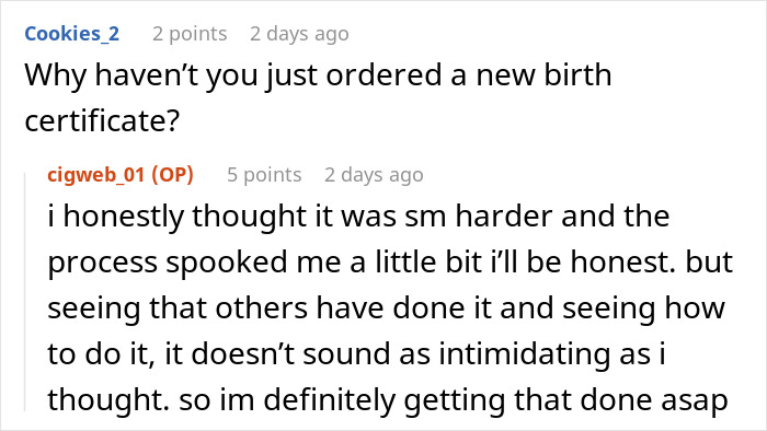 Online forum conversation showing a discussion about concerns and decisions regarding DNA testing and birth certificates. Online forum conversation showing a discussion about concerns and decisions regarding DNA testing and birth certificates.