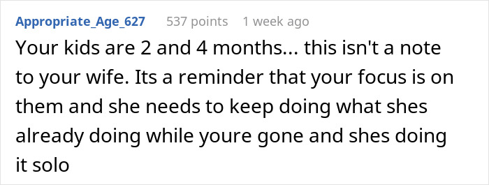 Comment discussing a husband's note to wife, highlighting focus on children and solo parenting challenges.