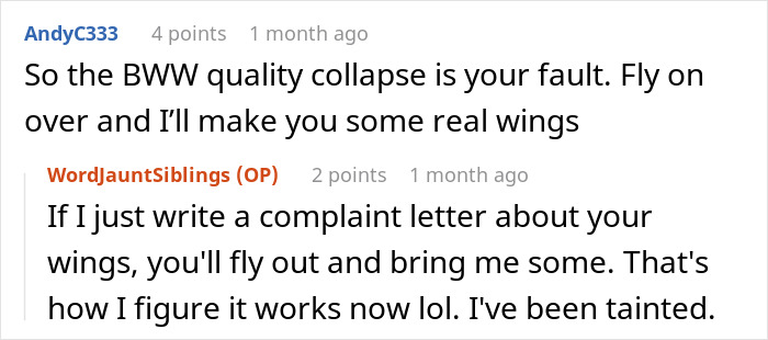 Screenshot of a humorous online exchange referencing a restaurant flying in bigwigs after a man's snarky letter.