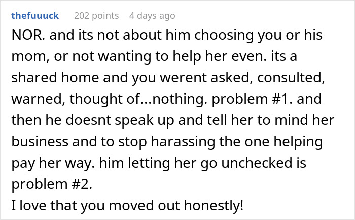 Text comment discussing a woman feeling like a guest in her own home after boyfriend's mom moves in and takes control.
