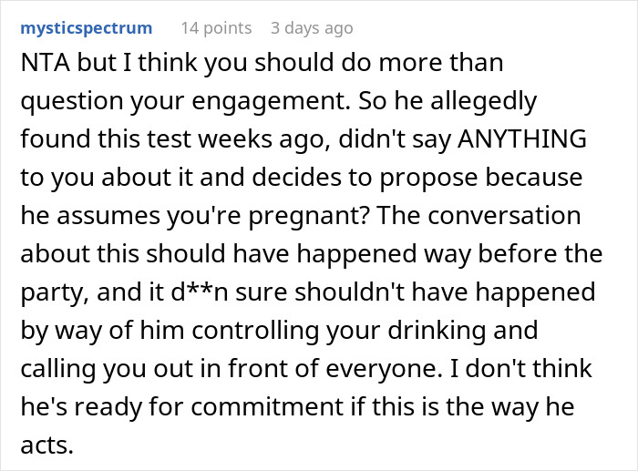 Screenshot of a Reddit comment discussing a man showing his true colors after assuming fianc&eacute;e is pregnant.