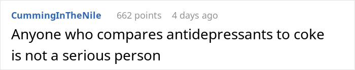 Text post saying anyone who compares antidepressants to coke is not a serious person, related to fiancée regaining confidence with medicine. Text post saying anyone who compares antidepressants to coke is not a serious person, related to fiancée regaining confidence with medicine.