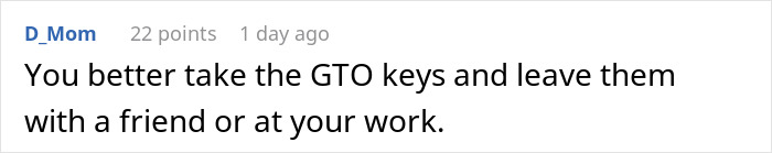 Comment on a forum discussing GF&rsquo;s parents&rsquo; visit and problems over suite bedroom and BF&rsquo;s car keys.