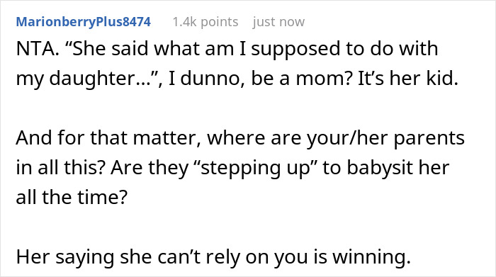Reddit comment discussing a child-loathing lady fleeing after family pressures her to become a free nanny.