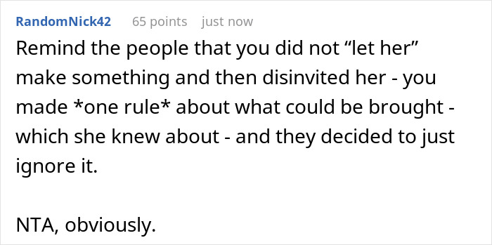 Screenshot of an online comment explaining a guest ignoring party host&rsquo;s food allergy restrictions and being disinvited.