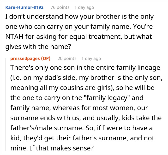Reddit comment thread about family name and inheritance, asking big amount parents house payment