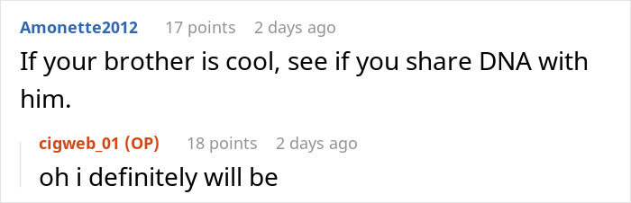 Text conversation discussing a daughter wanting to share DNA test results with her brother despite mom's opposition. Text conversation discussing a daughter wanting to share DNA test results with her brother despite mom's opposition.
