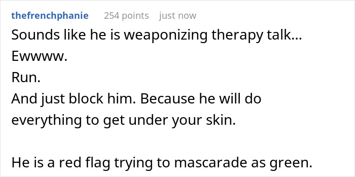 Commenter warning about a man weaponizing therapy talk and ignoring boundaries in a toxic relationship.
