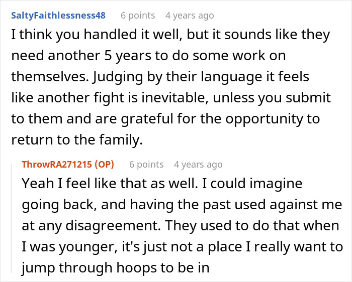 Screenshot of a conversation about family forgiveness and tensions related to a brother's past physical a***e.