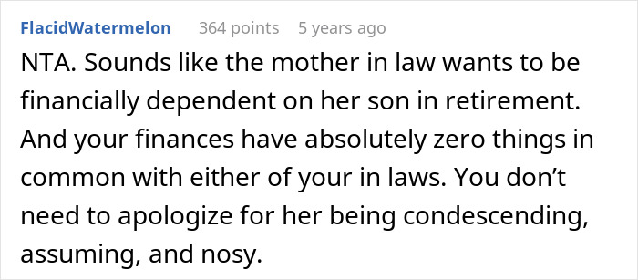 Screenshot of a Reddit comment discussing a mother-in-law's financial dependence and condescending behavior.