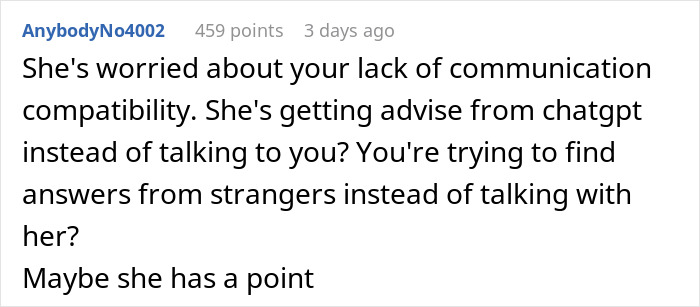 Screenshot of a forum comment discussing a girl using AI as her personal relationship coach, causing her girlfriend to panic.