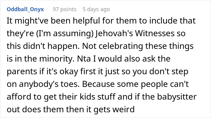 Comment discussing if babysitter giving birthday gift was appropriate and the mother's furious reaction to it.