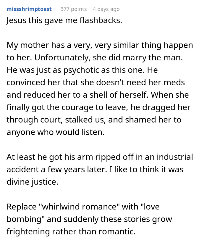 Comment about fiancée regaining confidence with medicine while partner demands she stop taking them. Comment about fiancée regaining confidence with medicine while partner demands she stop taking them.