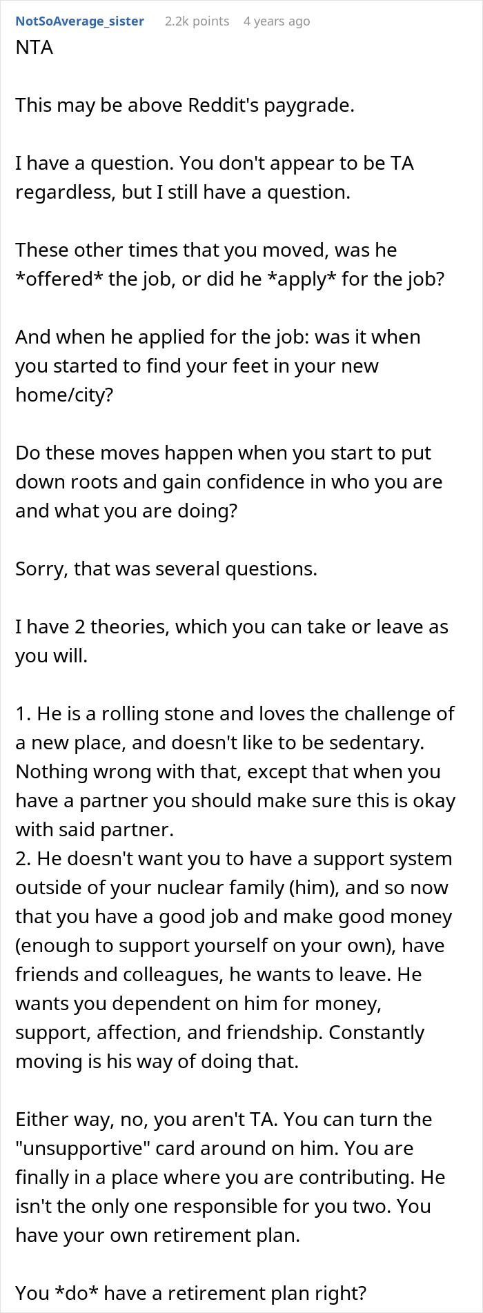Woman refuses to move again after decades relocating for husband&rsquo;s career, seeking stability and independence.