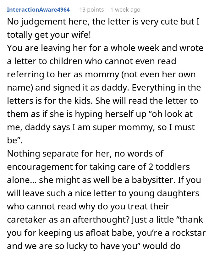 Screenshot of a Reddit comment discussing a husband&rsquo;s note to wife and why it upset her, highlighting family dynamics.