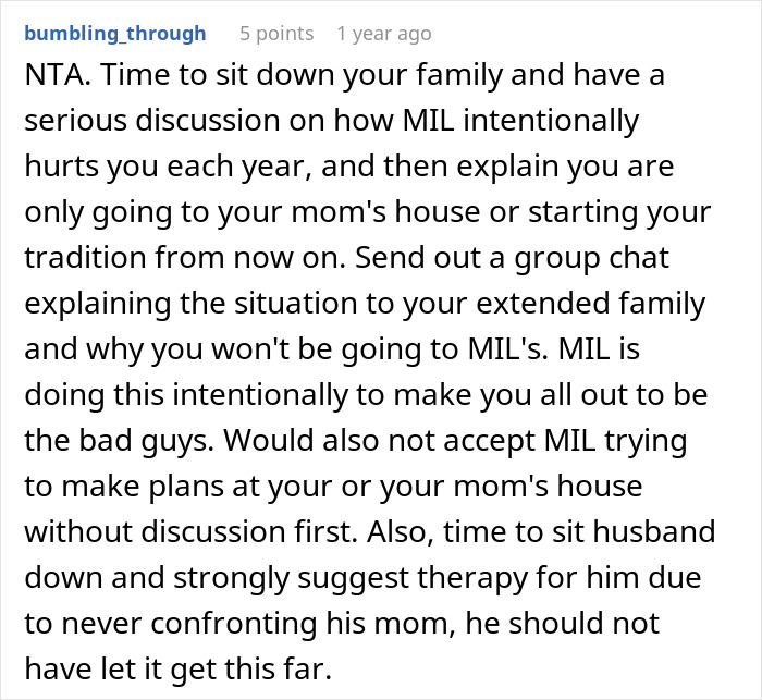 Screenshot of an online comment discussing a woman refusing to attend MIL&rsquo;s Thanksgiving after being reinvited due to guest cancellations.