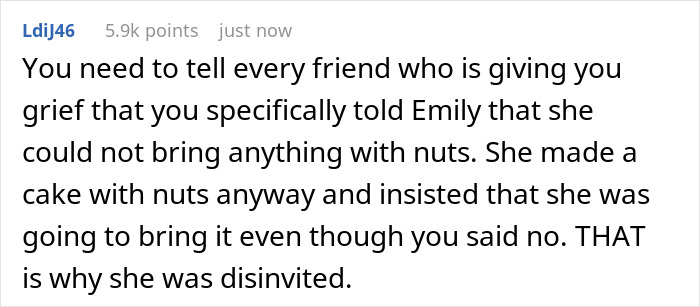 Alt text: Social media comment explaining a guest ignored food allergy restrictions, leading to being disinvited from a party.