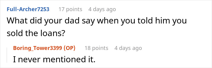Screenshot of a forum discussion about emptying father's estate and selling loans with a brief question and answer exchange.