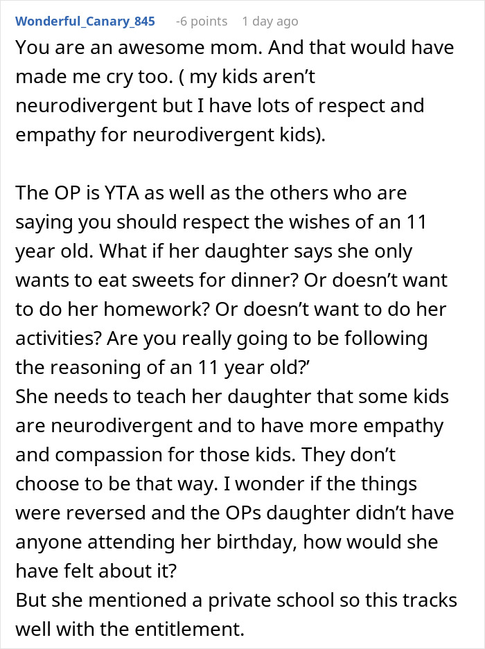 Reddit comment screenshot about parent wonders whether to make daughter attend birthday and neurodivergent kids Reddit comment screenshot about parent wonders whether to make daughter attend birthday and neurodivergent kids