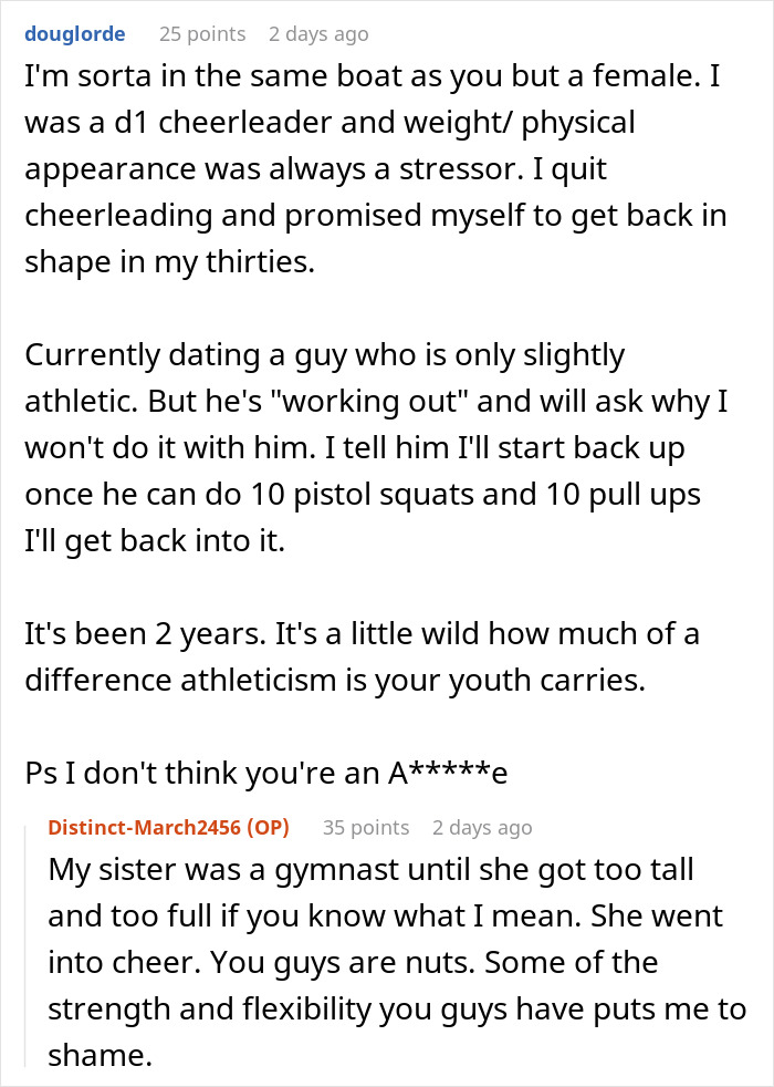 Screenshot of an online discussion where a woman demands her swimmer boyfriend look like her friend&rsquo;s partner and reacts to his response.