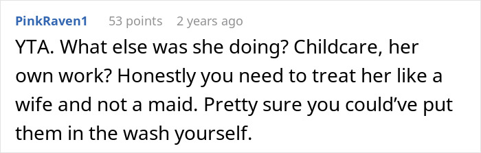 Screenshot of an online comment criticizing a man blaming his wife for not having slacks for his business trip.